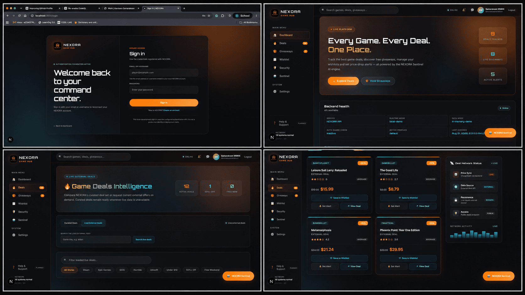 NEXORA authentication and dashboard showcase