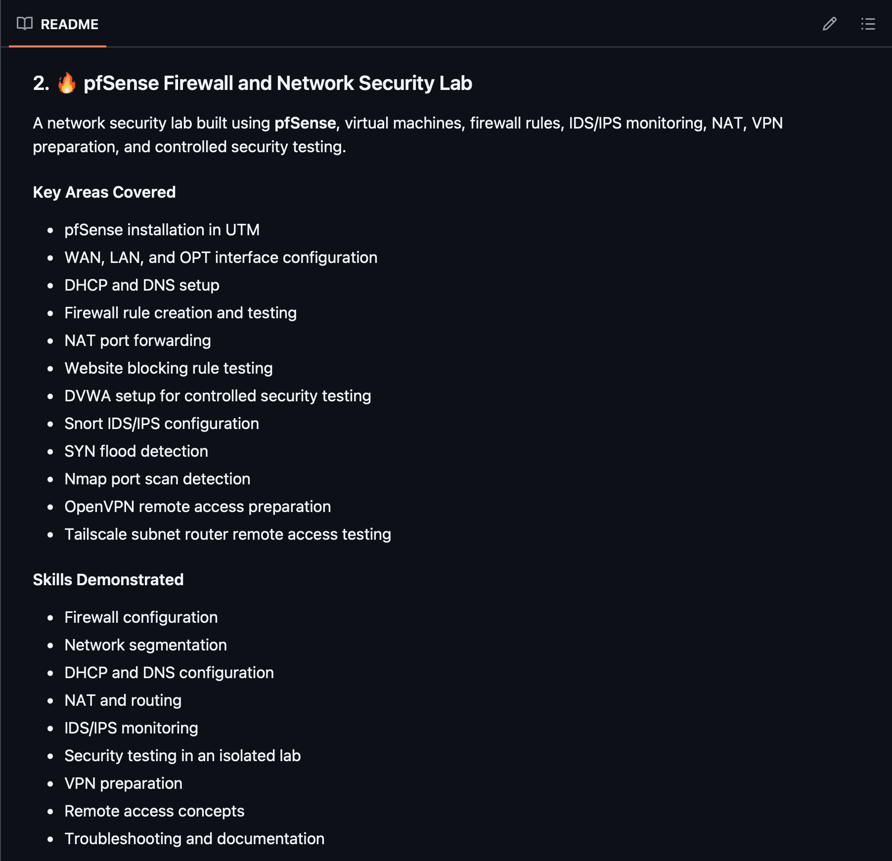 pfSense firewall and network security lab README overview