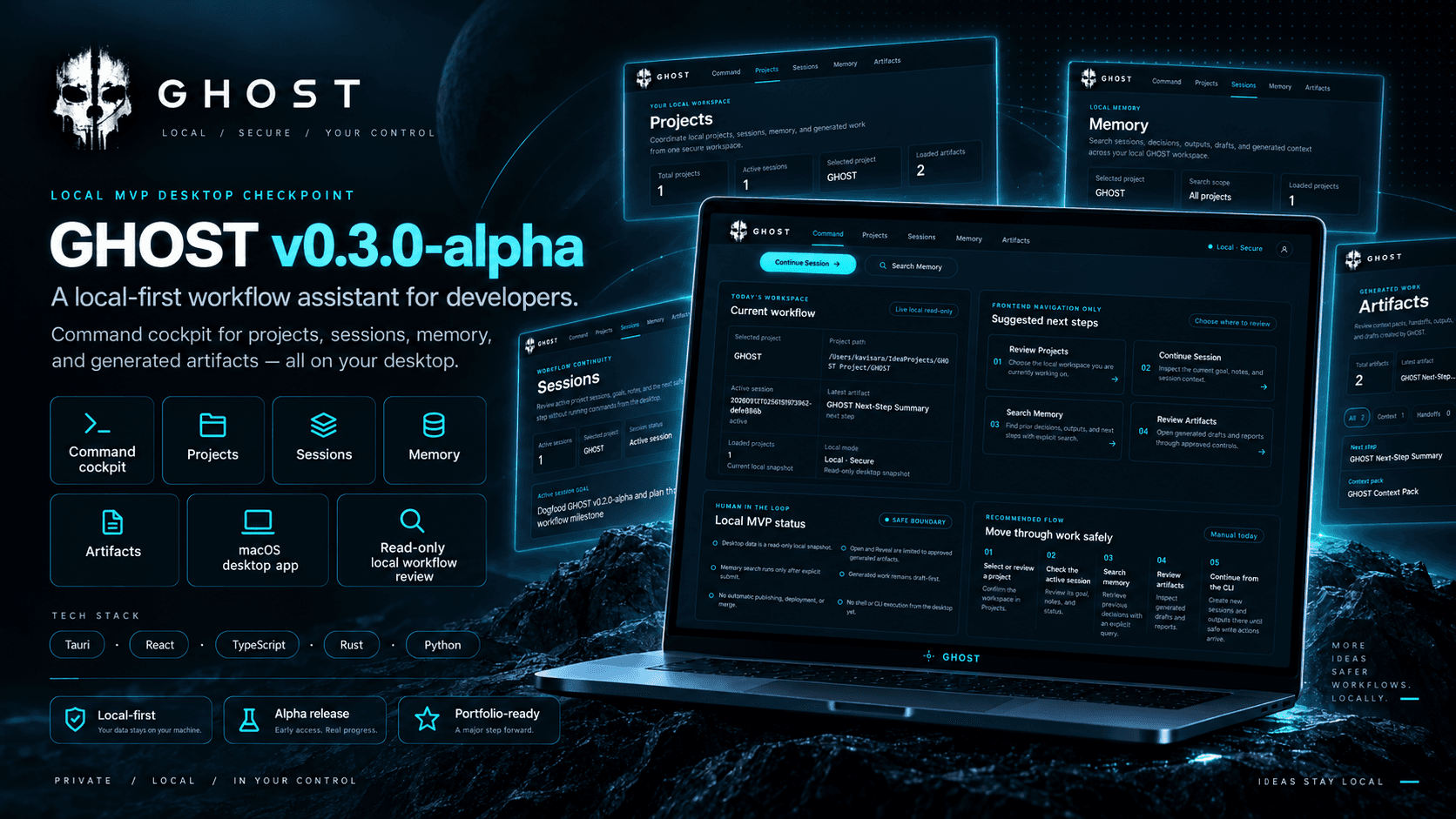 GHOST safe local-first architecture — no shell execution, no AI API calls, no automatic actions