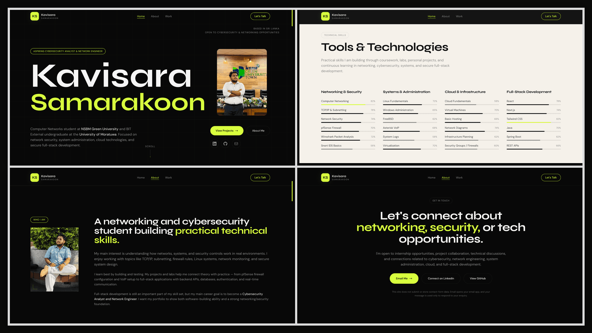 Personal portfolio website multi-section desktop showcase